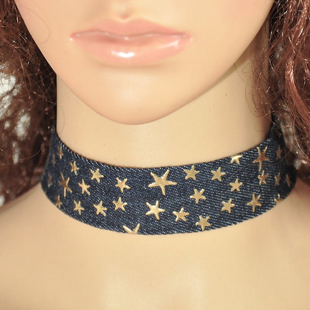 Denim Gold Star Choker Necklace